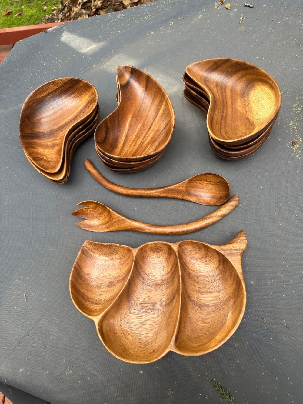 Vintage Monkey Pod Wood divided bowl Dining Salad serving set MCM Mid Century